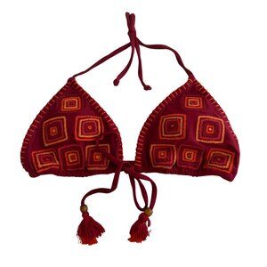 NWT WET Swimwear Sofia Embroidered Triangle Bikini Top w/ Tassels in Red